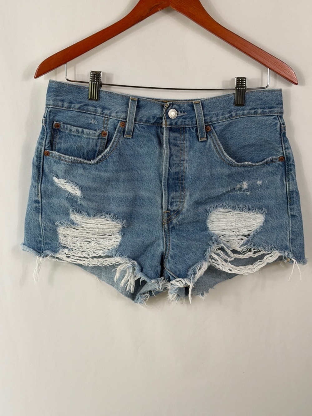 Levi's 501 Button Fly High-Rise Distressed Denim Cutoff Shorts. Womens Size 30.